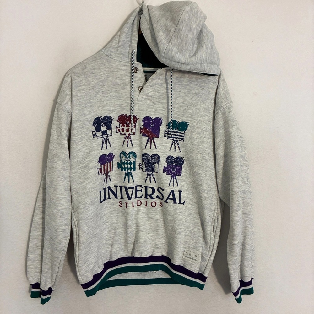 Vtg 90s Universal Studios Henley Hoodie Adult Size S Movies Pullover Sweater